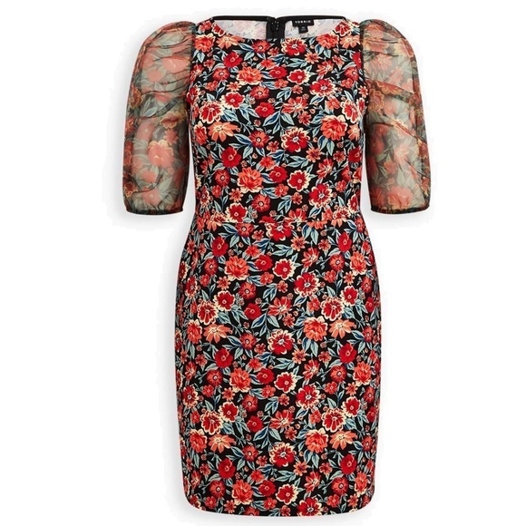 Torrid Cocktail Dress Mini Scuba w/ Pockets Crepe & Organza Puff Sleeve Floral - Picture 4 of 13
